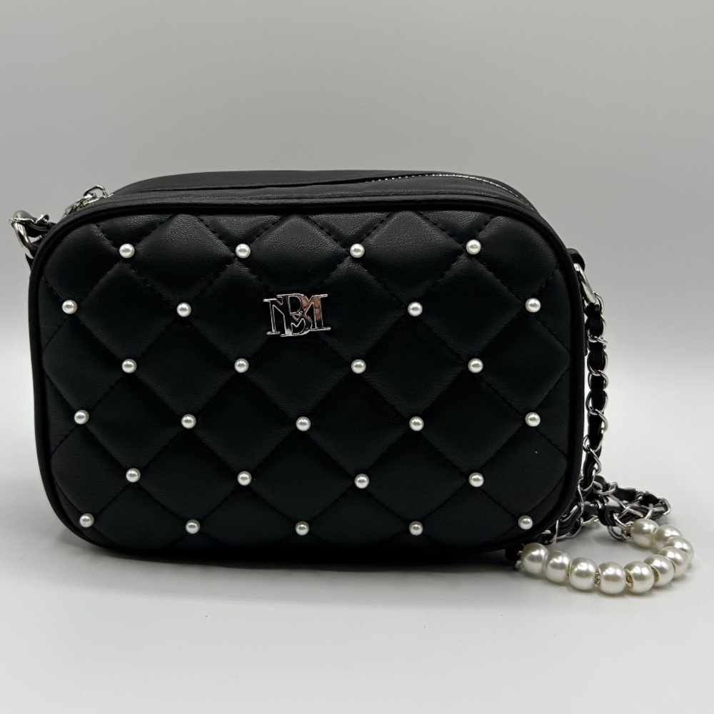 Badgley Mischka Black Quilted Pearl-Accent Crossbody Bag